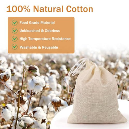 100Pcs Muslin Bags with Drawstring, 3x4 Inch Reusable Empty Tea Bags, Spice Herb Sachet Bag for Cooking Soups, Natural Cotton Unbleached Cheese Cloth Bag for Straining