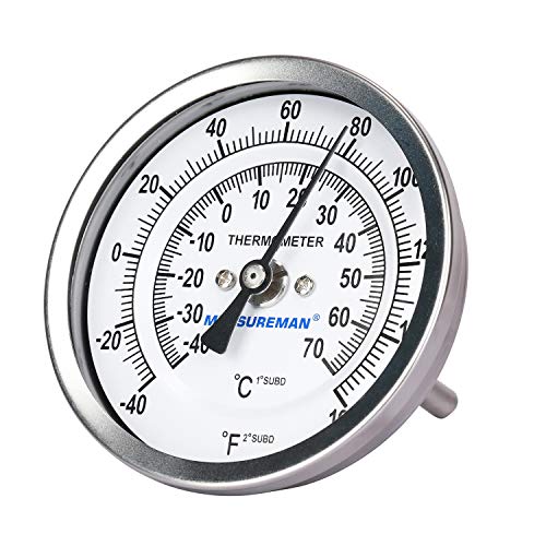 MEASUREMAN Fully Stainless Steel Pot, Kettle, Brewing Bimetal Dial Thermometer, 3" Dial, 2-1/2" Stem, -40-160 deg F/-40-70 deg C, -1% Accuracy, Adjustable, 1/2" NPT Back Mount - size: -40-160 deg F/-40-70 deg C, style: 2-1/2" Stem