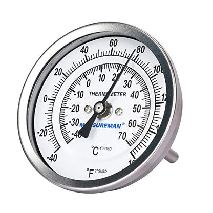 MEASUREMAN Fully Stainless Steel Pot, Kettle, Brewing Bimetal Dial Thermometer, 3" Dial, 2-1/2" Stem, -40-160 deg F/-40-70 deg C, -1% Accuracy, Adjustable, 1/2" NPT Back Mount - size: -40-160 deg F/-40-70 deg C, style: 2-1/2" Stem