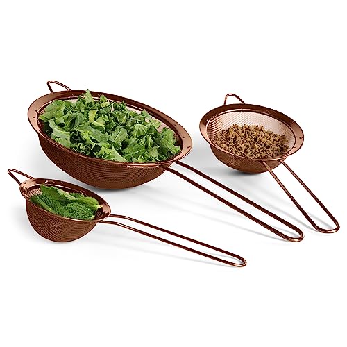 Strainer Set Fine Mesh – Premium 304 Stainless Steel (18/8) – 8″, 5.5″ and 3.3″ Sturdy Kitchen Strainers (Copper) - color: Copper Rose