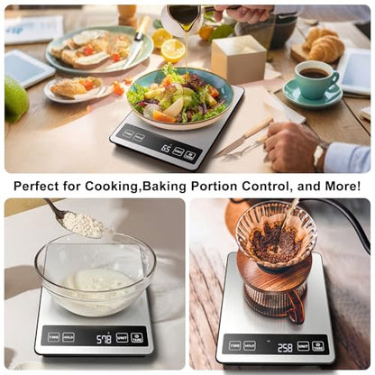 Fuzion Food Kitchen Scale 22lb/0.1oz - Food Scale 7 Units, Tare & Timer | Rechargeable, Tempered Glass+ Stainless Steel, Digital Kitchen Scale Grams and oz for Weight Loss, Cooking, Baking, Meal Prep - color: Silver Black