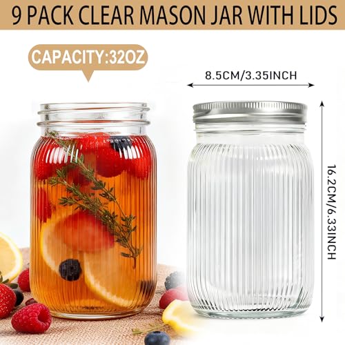SUT Clear Wide Mouth Mason Jars 32 oz,9 Pack Quart Mason Jars With Airtight lids and Bands,Canning Jars 32 oz for Preserving,Meal Prep,Overnight Oats,Fermenting - color: Stripe