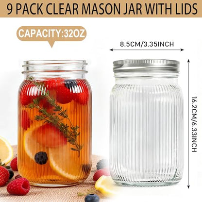 SUT Clear Wide Mouth Mason Jars 32 oz,9 Pack Quart Mason Jars With Airtight lids and Bands,Canning Jars 32 oz for Preserving,Meal Prep,Overnight Oats,Fermenting - color: Stripe