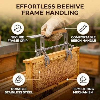 Fafeicy Beehive Frame Grip Tool, Beekeeping Frame Lifter for Secure Removal, Stainless Steel Jaws with Wooden Handle for Apiary Work