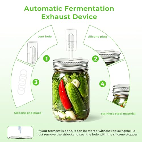 Fermentation Kit for Wide Mouth Mason Jars, 26-in-1 Complete Fermentation Starter Kit with 4 Stainless Steel Lids, 4 Glass Weights, 4 Airlocks, 24 Labels, Long Handle Brush, Silicone Tong & Pounder
