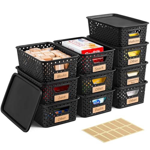10 Pack Small Plastic Storage Bins with Lids, Stackable Plastic Storage Baskets for Organizing with Handles, Organizer Bins with Labels for Room, Craft, Containers for Pantry Organizers and Storage - color: Black