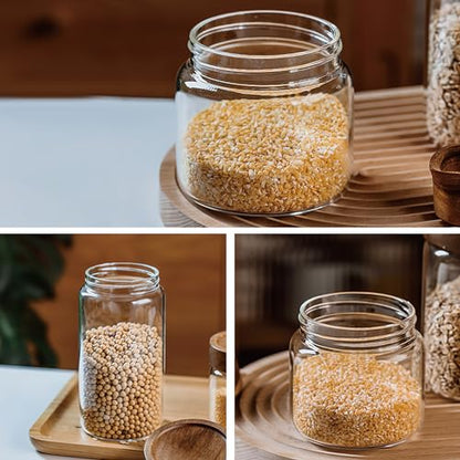 28 fl oz/850 ml Clear Glass Storage Canister with Airtight Wooden Screw Lid, Medium Cute Decorative Glass Container Jar for Coffee,Candy,Salt,Cookie,Condiment,Pepper,Sugar,Overnight Oatmeal