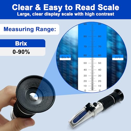 0-90% Brix Refractometer with ATC, High-Accuracy Sugar Content Tester, Pre-Calibrated & Ready to Use, Universal Optical Hydrometer Meter for Honey, Maple Syrup, Jam, Juice, Beverage