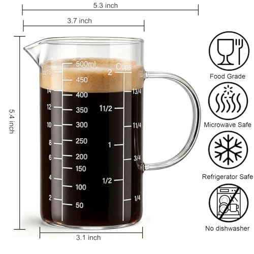 2 Pack Glass Measuring Cup, 500ML 2 CUP High Borosilicate Liquid Measuring Cup with 3 Scales (OZ, Cup, ML/CC), Glass Beaker with Handle and V-Shaped Spout for Kitchen Restaurant, Easy to Read