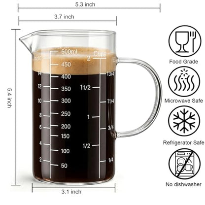 2 Pack Glass Measuring Cup, 500ML 2 CUP High Borosilicate Liquid Measuring Cup with 3 Scales (OZ, Cup, ML/CC), Glass Beaker with Handle and V-Shaped Spout for Kitchen Restaurant, Easy to Read
