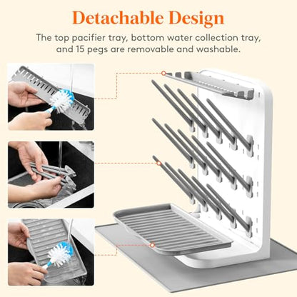 Lifewit Large Baby Bottle Drying Rack with Drain Mat & 15 Hooks, Newborn Essentials Must Haves, Bottle Storage Organizer for Countertop, Cabinet, Rack Dryer Holder for Pacifiers, Pump Parts - size: Large-15 Hooks, style: with Drain Mat