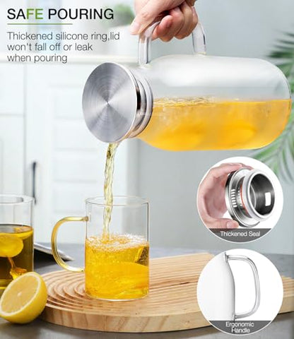 LUNA&MANTHA Glass Pitcher, 2 Liter 68oz Water Pitcher with Lid and Spout, Large Ice Tea Jug for Fridge, Thick Drink Jug with Handle for Juice, Coffee, Borosilicate Glass Carafe Hot/Cold Beverage - color: 68oz