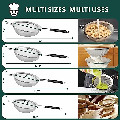 4 Pcs Set Fine Mesh Strainers Skimmers, Stainless Steel Kitchen Utensil | Sieve Strainer Wire Sifter Colanders with Anti-Scald Handle, Stainless Steel Strain Pasta Quinoa Rice, Ideal for Gift - size: 4-Piece Fine Mesh Strianer Set for Baking