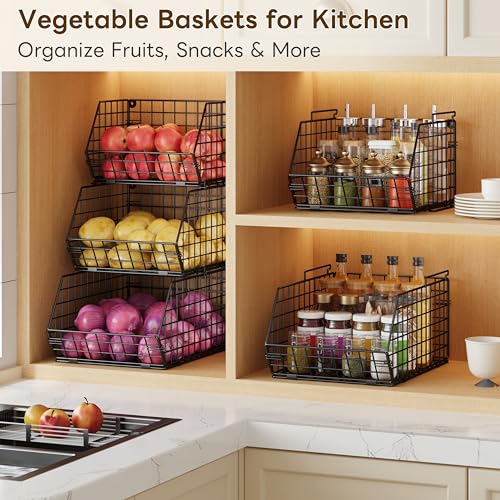 3-Tier Stackable Wire Baskets for Counter, Fruit and Vegetable Storage, Potato and Onion Storage Bin，Kitchen Pantry Organizer - Wall Basket for Produce/Snack/Can, Black - size: 3-tier Large