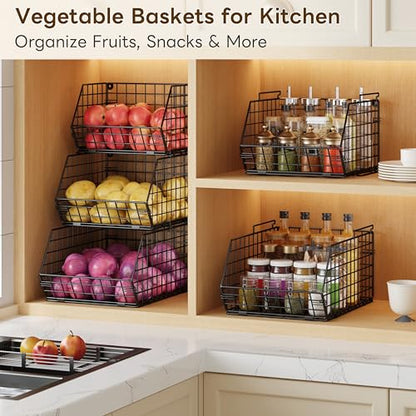 3-Tier Stackable Wire Baskets for Counter, Fruit and Vegetable Storage, Potato and Onion Storage Bin，Kitchen Pantry Organizer - Wall Basket for Produce/Snack/Can, Black - size: 3-tier Large