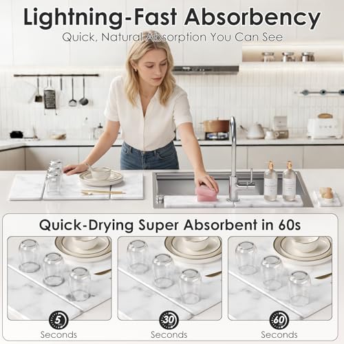 3 PCS Large Stone Dish Drying Mat for Kitchen Counter -24"x16" Absorbent Diatomaceous Earth Mat with Stone Faucet Mat & Soap Tray - Quick Dry, Collapsible, Non-Slip Countertop Organizer - color: Gray Marble