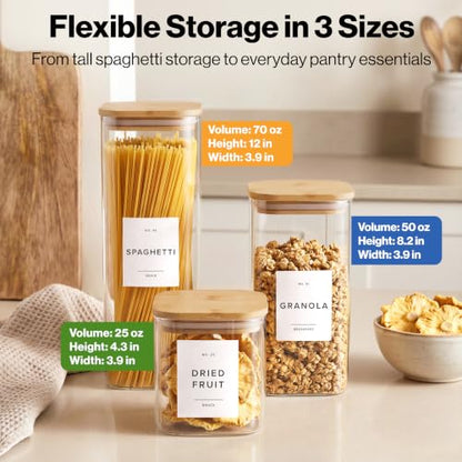 EDELHAUS Glass Storage Containers with Bamboo Lids and Labels - Set of 5 | Extra Thick Square Glass Canisters with Bamboo Wood Lids and 54 Pre-printed Pantry Labels keeps dry Goods Fresh and Organized - color: White Labels - Bamboo Lids - 5 Pack