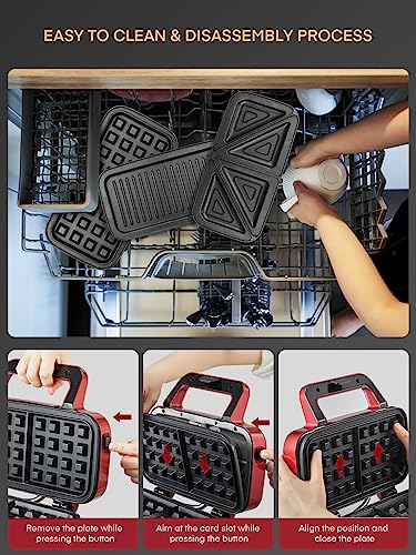 FOHERE Waffle Maker 3 in 1 Sandwich Maker 1200W Panini Press With Removable Plates and 5-gear Temperature Control, Non-stick Coating Easy to Clean,Indicator Lights, Red - color: Red