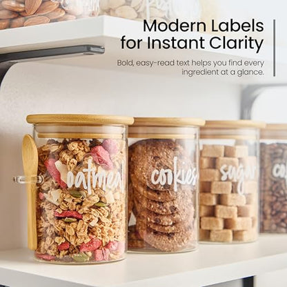Talented Kitchen Glass Food Storage Containers with Lids - 4-Pack 17 oz Glass - Stackable Kitchen Jars for Pantry, Spice Jars & Coffee Containers for Countertop - Attached Spoons & 157 Labels