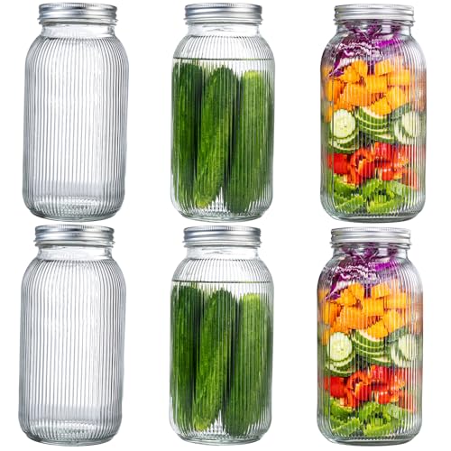 WELLIFE 64 OZ Mason Jars, 6 Pack Wide Mouth Mason Jars for Pickling, Canning, Fermenting and Food Storage, Microwave & Dishwasher Safe - color: Clear Stripe Mason Jars 64oz-6Pcs