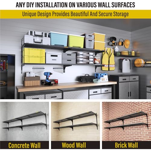 Aecxm 2-Pack 2 Tier 1.3x4ft Garage Shelving Wall Mounted, 520lbs Load Capacity，15.6x48inch per Shelf Height Cassette Adjustable Floating Shelves, Black - color: Black, size: 4pack-1.3x4ft