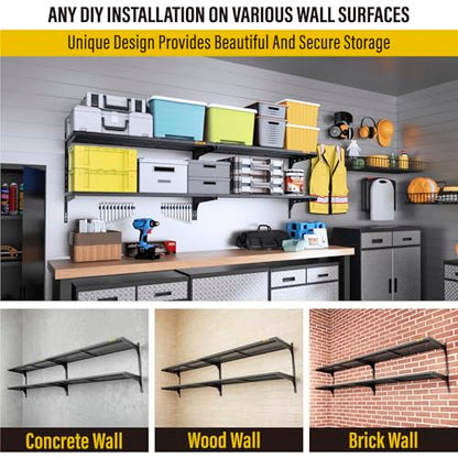 Aecxm 2-Pack 2 Tier 1.3x4ft Garage Shelving Wall Mounted, 520lbs Load Capacity，15.6x48inch per Shelf Height Cassette Adjustable Floating Shelves, Black - color: Black, size: 4pack-1.3x4ft