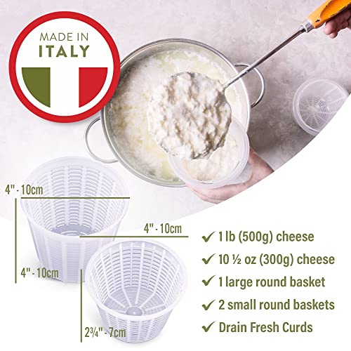 Easy Cheesemaking Set | 5 Cheese Molds + Cheese Making Book | Made in Italy | Recipes to Make Ricotta, Paneer, Goats Cheese, Quark and More | Professional Cheese Press Basket Mold Set of Strainers - size: Set of 5 + Book
