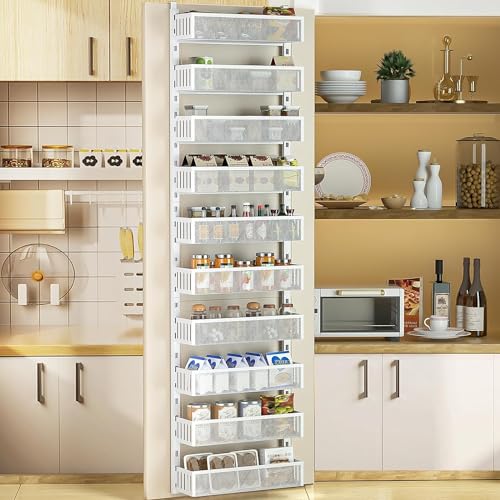 10-tier Over The Door Pantry Organizer with Mesh Baskets, Adjustable & Stable Hanging Spice Rack for Kitchen, Bathroom, Bedroom, and Baby Essentials Storage (16" W 10-Tiers, White) - color: 10tiers-White-Metal
