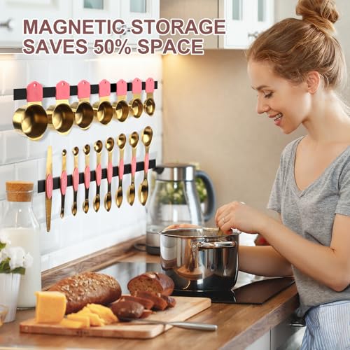 16-Piece Stainless Steel Measuring Cups and Spoons Set, Strong Magnetic Nesting Design 7 Cups 8 Spoons with Leveler, Double Measurement Markings for Dry & Liquid Ingredients, Pink & Gold - color: 16-Piece Pink & Gold