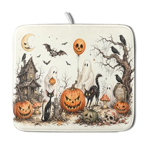 Giwawa Halloween Pumpkin Ghost Dish Drying Mat Black Cat Microfiber Dishes Pad 16x18 Inch Holiday Dish Drainer Rack Mats for Kitchen Counter Sink - color: Pumpkin Ghost, size: 16x18 inch