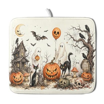 Giwawa Halloween Pumpkin Ghost Dish Drying Mat Black Cat Microfiber Dishes Pad 16x18 Inch Holiday Dish Drainer Rack Mats for Kitchen Counter Sink - color: Pumpkin Ghost, size: 16x18 inch