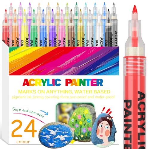 Acrylic Paint Pens Waterproof Markers 24 Colors Permanent Marker Pens Acrylic Pens for Rock Painting Glass Stone Ceramic Metal Fabric Pebble Painting pens Craft Supplies (0.7mm Tip) - color: 24 Colors