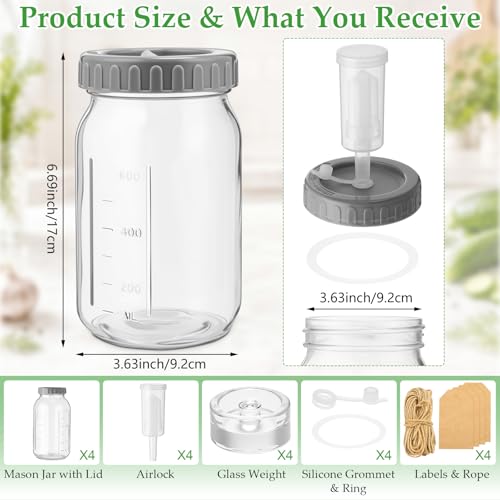 Mifoci 4 Pack Mason Jar Fermentation Kit 32 oz Wide Mouth Glass Fermenting Jars with Rust-free Airtight Lids, Glass Weights & Dual-channel Airlocks All-in-one Set for Kimchi Sauerkraut Pickles