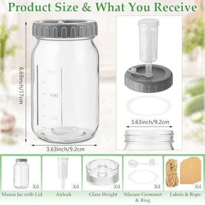 Mifoci 4 Pack Mason Jar Fermentation Kit 32 oz Wide Mouth Glass Fermenting Jars with Rust-free Airtight Lids, Glass Weights & Dual-channel Airlocks All-in-one Set for Kimchi Sauerkraut Pickles