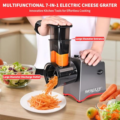 Electric Cheese Grater 250W, 7-in-1 Salad Maker & Vegetable Slicer Shredder with Widened Feeding Port for Block Cheese, Carrots, Potatoes & Fruits, Professional Food Grating Machine