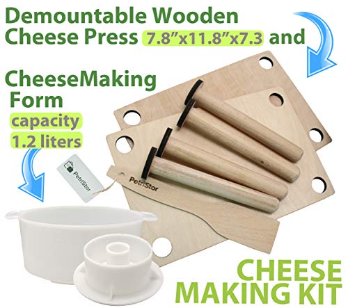 Wooden Cheese Press for Cheese Making Supplies 12 in Wooden Guides and Cheese Mold with Follower Piston 1.3 Qt - Small Home Supply Ultimate Cheese Press Machine - Prensa Para Queso Casero