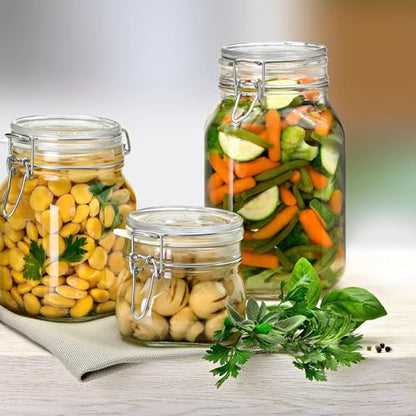 Bormioli Rocco Fido Squared Wide Mouth Glass Jar with Airtight Gasket Clamp Lid for Canning and Food Storage, Clear Top, 50.75 oz.