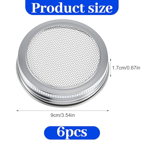 6 Pack Mason Jar Sprouting Lids, 304 Stainless Steel Mason Jar Mesh Lid, Durable Mason Jars Strainer Lid for Seed Sprouting Indoor Gardening,Fresh Greens
