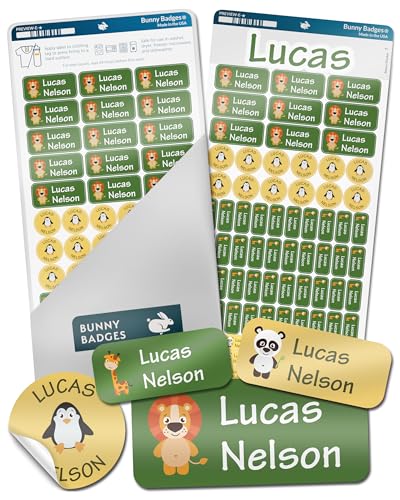 Bunny Badges Personalized Daycare Name Labels for Kids (130 Labels) - Custom Waterproof Name Stickers for Clothing Tags, Water Bottles, Lunch Boxes and School Supplies (Animals) - color: Animals