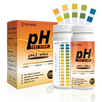 pH Test Strips 200 Count (100×2 Bottles) – Upgraded Dual-Track 14-Color pH Strips for Urine and Saliva（4.5-9.0） Quick & Accurate Test Alkaline & Acid Levels in The Body with Color Chart on Bottle