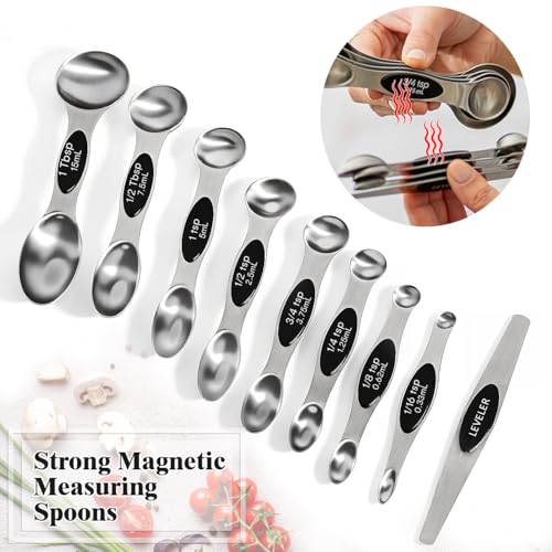 13pcs Stainless Steel Measuring Cups and Spoons Set, 8 Double-Sided Magnetic Measuring Spoons Set & 4 Metal Measuring Cups & 1 Leveler for Kitchen Dry & Liquid Cooking Baking - color: Silver
