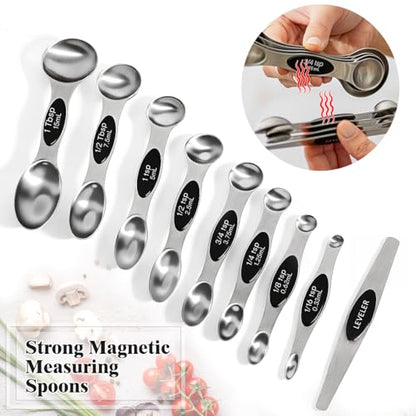 13pcs Stainless Steel Measuring Cups and Spoons Set, 8 Double-Sided Magnetic Measuring Spoons Set & 4 Metal Measuring Cups & 1 Leveler for Kitchen Dry & Liquid Cooking Baking - color: Silver