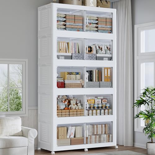 200GAL Storage Bins with Lid and Wheels, Collapsible Storage Box with Dividers, Foldable Plastic Cabinets for Room Kitchen, Stackable Closet Organizers and Storage Drawer, 5 Pack White - color: White, size: 40Gal-5Pack
