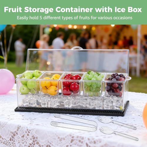 Chilled Condiment Server with Lid, 5-Compartment Plastic Food Storage Container with Drain Holes, Ice Box for Fruits with Cup Coaster, 2 Clips & 6 Fork Spoons, 16.1 x 6.4 x 5.7 in, Transparent