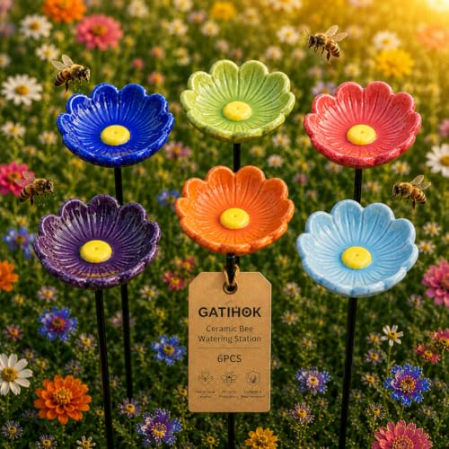 Bee Watering Station for Garden Cups Bird Butterfly Bees Ceramic Drinking and Water Bath Feeder Cup Blossoms Flowers Shaped Design Poppies Bowl Wildlife Feeding 5PCS Watring Pollinator (#6PCS-C) - color: #6PCS-C