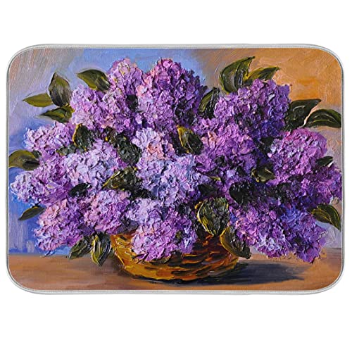 Absorbent Dish Drying Mat for Kitchen Counter - Purple Oil Painting Flowers Microfiber Drying Pad, Reversible Drainer Mats for Countertop, Medium 16 x 18 inch - color: 30 Purple flower oil painting, size: M
