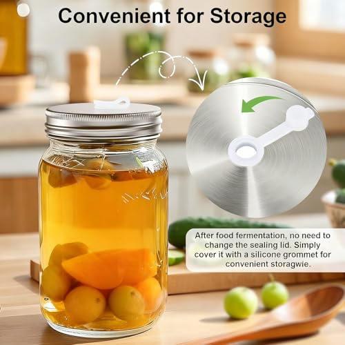 Fermentation Kit for Wide Mouth Mason Jars 4- Complete Pickling & Sauerkraut Set with Glass Weight, Stainless Steel Lid, Air Lock Valve, Silicone Seals (Jar Not Included)