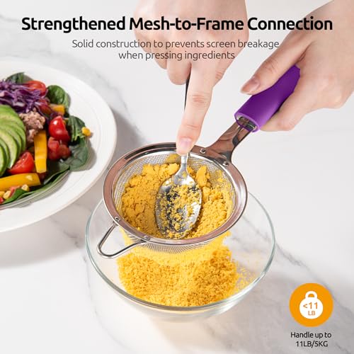 U-Taste Small Fine Mesh Strainer: 18/8 Stainless Steel 3.35in 30 Mesh Kitchen Food Sieve with Sturdy Riveted Silicone Handle, Heavy Duty Deep Handheld Metal Colander for Tea, Juice (Purple) - color: (5) Purple, size: S-3.35in