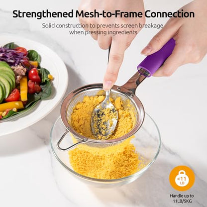 U-Taste Small Fine Mesh Strainer: 18/8 Stainless Steel 3.35in 30 Mesh Kitchen Food Sieve with Sturdy Riveted Silicone Handle, Heavy Duty Deep Handheld Metal Colander for Tea, Juice (Purple) - color: (5) Purple, size: S-3.35in