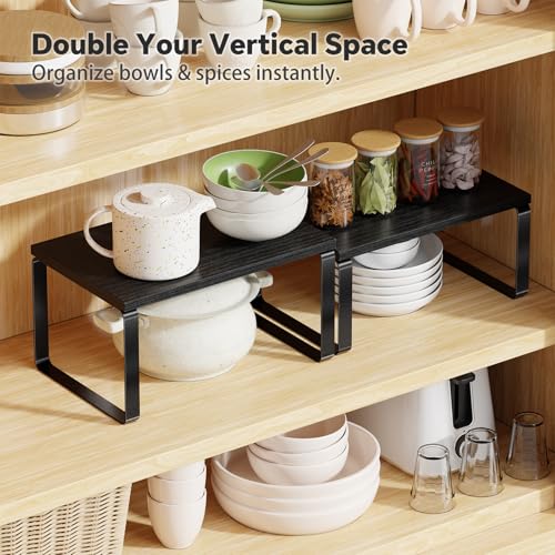 Simple Trending Cabinet Organizer Shelf, Set of 2 Stackable Kitchen Counter Shelves, Expandable Spice Rack Kitchen Storage Riser, Metal Engineered Wood, Black - color: Black